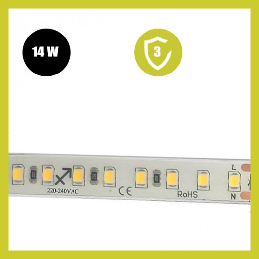 Tira LED 220V | 120xLED/m | 20m | SMD2835 | 1540Lm/M | 14W/M | IP67 | Corte cada 10cm